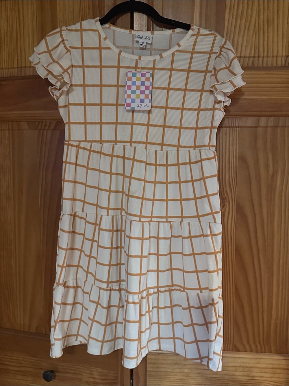 Gigi + Jax Girls Molly Check Ribbed Ruffle Sleeve Fit & Flare Dress Size 12